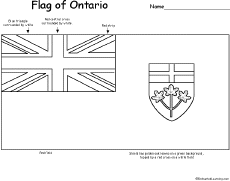 The united kingdom flag with a golden crown in its center appears on the top half of the sticker, and a rising, yellow sun in front of wavy, blue lines on a white background appears. Flag Of Ontario Canada Printout Enchantedlearning Com