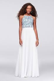Embroidered High Neck Chiffon Gown David S Bridal Chiffon White Dress Flowy Prom Dresses Halter Prom Dresses
