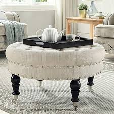 24kf Large Round Upholstered Tufted Button Linen Ottoman Coffee Table Large Footrest Bench With C In 2020 Upholstered Coffee Tables Linen Ottoman Ottoman Coffee Table