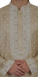 Beige Hand Embroidered Chikankari Pure Tussar Silk Kurta Gents Kurta Design Mens Kurta Designs Gents Kurta
