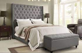 Alder Tall Headboard Bed Grey Linen Tufted Bed Upholstered Beds Upholstered Platform Bed