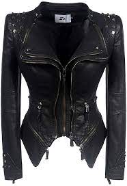 T Fashion Women Faux Leather Studded Punk Short Jacket Slim Fit Shrug Long Sleeve Zipper Up Motor Leather Jackets Women Studded Leather Jacket Leather Jacket