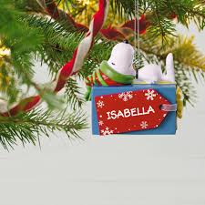Vibrant red & dashing white is a festive color scheme reminiscent of cascading candy canes or santa's wardrobe. Peanuts Snoopy Christmas Present Personalized Ornament Personalized Ornaments Hallmark