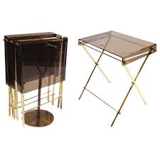Set 4 Charles Hollis Jones Brass And Smoked Lucite Folding Tray Serving Tables Table Tray Table Vintage Trays