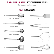 Sep 22, 2020 · whether you're looking at nonstick stainless steel cookware or plain, there's no doubt that it's an excellent material for cooking utensils. Stainless Steel Kitchen Utensil Set 10 Piece Premium Non Stick Heat Resistant Kitchen Gadgets With Utensil Holder Overstock 30416426
