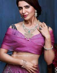 Buy diamond choker necklace, bridal diamond necklace etc. Samantha Akkineni In Diamond Emerald Jewellery Indian Jewellery Designs