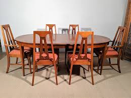 The chair clearance is 25.5 inches. Mid Century Modern Dining Set Walnut Oval Table One Leaf Six Chairs Young Furniture Co Epoch