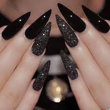 Long Black Almond Shaped Nails Nails Natural Nails Solid Color Nails Acrylic Nails Cute Nails Wedding Nails Sparkling Glitter Bridal Nails In 2020 Stiletto Nails Designs Gorgeous Nails Nail Designs