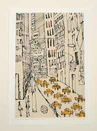 New York City Taxi Drawing Signed Art Print New York Painting Manhattan Street Dont Walk One Way Nyc Sign Skyscrapers Clare Caulfield Taxi Drawing New York Painting Sign Art