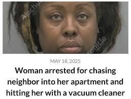 Leah Melisa Gibson, 49, was arrested yesterday after allegedly chasing a  neighbor into her apartment and hitting her with a vacuum cleaner as she  ran. Link in bio