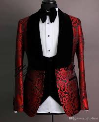 Black And Red Mens Suit Red Lace Print Wedding Tuxedos Black Shawl Lapel Custom Made Men Suits One Button Formal Prom Suit Formal Prom Suits Prom Suit Jackets Designer Suits For Men