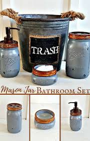 Make this mason jar bathroom organizer to use as a diy room decor for every room in your house, for storing or displaying small items. Perfect I Love This Rustic Mason Jar Bathroom Set With The Galvanized Trash Can Farmhousebathroom Mason Jar Bathroom Rustic Bathroom Decor Rustic Mason Jars