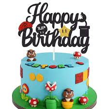 He wanted one for his birthday and we did research looking at cakes online for ideas for weeks! Black Glitter Mario Cake Topper Happy Birthday Cake Decoration Video Game Themed Kids Boys Birthday Party Supplies Amazon Com Grocery Gourmet Food