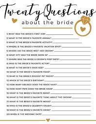 20 Questions Bridal Shower Game Bridal Shower Checklist Fun Bridal Shower Games Bridal Shower Games