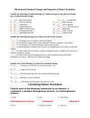Physical and chemical changes, physical change examples, chemical change examples, science for kids, science activities for 1st, 2nd, 3rd, 4th and 5th grades. Matter Homework Packet Key 1 Matter Homework Packet Name Period Physical And Chemical Changes And Properties Of Matter Worksheet Classify The Course Hero