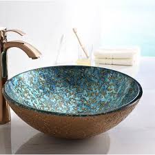 The arc series circular vessel bathroom sink is a traditionally crafted round vessel sink adorned in a frosted blue finish. Anzzi Makata Series Gold Cyan Mix Tempered Glass Circular Vessel Bathroom Sink In 2021 Bathroom Sink Glass Sink Sink