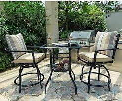 lokatse home patio bar height 2 outdoor swivel chairs and 1 high glass top table white cushion set outdoor swivel chair patio patio dining set