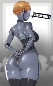 minicop2001, left (atomic heart), atomic heart, highres, 1girl, android,  arms behind back, ass, back, blonde hair, braid, breasts, crown braid,  cyrillic, faceless, faceless female, gradient background, humanoid robot,  large breasts, metal skin,