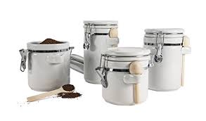 Marie kondo cloud white ceramic bulk canisters. Anchor Hocking Ceramic Canister Set With Clamped Lid And Wooden Spoon White Mixed Sizes Set Of 4 Pricepulse
