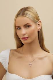 18K Rose Gold Plated Opal Cross Charm Necklace Silver