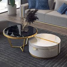 Black White Nesting Coffee Table With Ottomans Faux Marble Coffee Table With Stool Round Wood Coffee Table With Drawer In 2020 Round Wood Coffee Table Coffee Table Faux Marble Coffee Table
