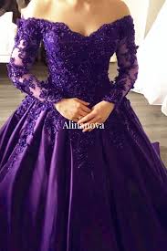 Purple Wedding Dress Ball Gown Lace Flowers Beaded Off The Shoulder In 2020 Long Sleeve Ball Gown Wedding Dress Ball Gowns Ball Gown Wedding Dress