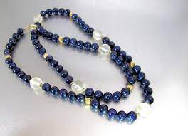 Rock Crystal Blue Goldstone Bead Necklace Art Deco 14k Fluted Etsy Gold Bead Necklace Blue Goldstone Beaded Necklace