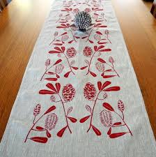 Linen Table Runner Hand Screen Printed Red Natural Australian Banksia Fabric Stamping Screen Printing Linen Table Runner