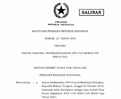 Kategori ini memiliki 2 halaman, dari total 2. Sekretariat Kabinet Republik Indonesia Inilah Keppres Panitia Nasional Penyelenggaraan Fifa U 2o World Cup Tahun 2021 Sekretariat Kabinet Republik Indonesia