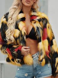 Black And White Checkered Fluffy Jacket Stand Collar Multi Color Long Sleeve Faux Fur Coat Long Sleeve Faux Fur Coat Faux Fur Jacket Coat Faux Fur Coat