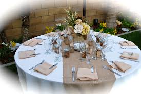 Wedding Tables Ivory Table Cloths With Burlap Runners And Center Pieces Made By The Bride Banquet Table Decorations Wedding Table Sweetheart Table