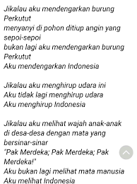 Sumpah anak merdeka aku anak merdeka bangkit dari persada luka berdiri megah di pentas wira inginku. Puisi Tentang Pahlawan Yang Berjasa Kami