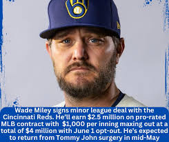 Wade Miley signed a one-year split deal with the Cincinnati Reds in January  as he rehabbed from Tommy John surgery. He has a June 1 opt-out clause. See  link below ⬇️ bit.ly/4mKI9fe