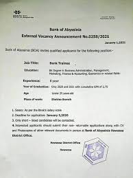 Bank of abyssinia (የአቢሲኒያ ባንክ) invites qualified and experienced applicants for the various positions. Be Fast Odaa Job Network Agency Facebook