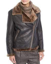 B4g6a Brunello Cucinelli Zip Front Shearling Leather Moto Jacket W Monili Trim Leather Moto Jacket Leather Jackets Women Jackets