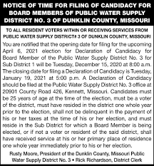 Board of water supply offices will be closed on friday, april 2, 2021, in observance of good friday. Notice Of Time For Filing Of Candidacy For Board Members Of Public Water Supply District No 3 Public Water Supply District 3 Of Dunklin County