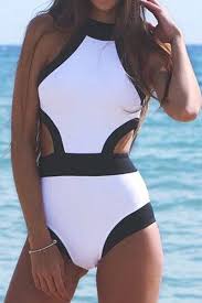 Black And White Monokini Swimsuits Black And White One Piece Round Neck Swimwear Black White With Images Black One Piece Swimsuit Black And White One Piece Swimsuits