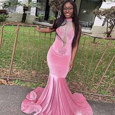 pink halter velvet mermaid prom dresses beading sequined keyhole cocktail party gown sweep train plus size evening wears flirt prom dresses girl prom