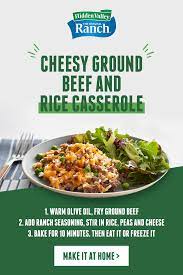 Cheesy Ground Beef And Rice Casserole Hidden Valley Ranch Recipe Beef Casserole Recipes Ground Beef Beef And Rice