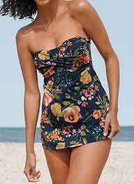 Women S Swimsuits Floral Print Strapless One Piece Swim Dress In 2021 Swim Dress Women Swimsuits Beachwear For Women