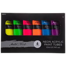 Add a very bright yellow to the blue and mix the two colours together with the same brush. Neon Acrylic Paint 6 Piece Set Hobby Lobby 946111