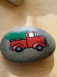 Painted Rocks Red Truck With Tree Rock Decor Painted Rocks Rock Painting Designs