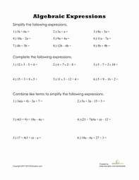 algebraic expressions worksheet education com