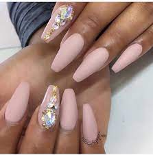 Blush Pink With Statement Jewels Blush Pink Nails Ballerina Nails Acrylic Nails Coffin Matte