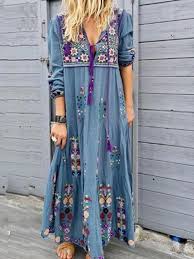 V Neck Embroidery Three Quarter Sleeve A Line Pullover Dress Boho Floral Maxi Dress Maxi Dress With Sleeves Long Sleeve Casual Dress
