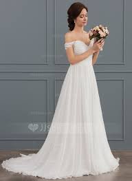 Us 209 00 A Line Princess Off The Shoulder Sweep Train Chiffon Lace Wedding Dress With Ruffle Jj S House Wedding Dresses Ruffle Wedding Dress Wedding Dresses Lace