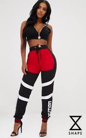 Black And Red Joggers Womens Shape Black Caution Contrast Joggers Pants For Women Polyvore Outfits Red Joggers