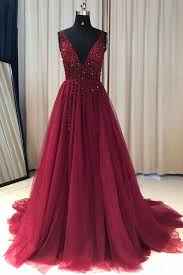 Burgundy Tulle V Neck Long Crystal And Sequins A Line Evening Dress Prom Dress Burgundy Prom Dress School Dance Dresses Dresses For Teens