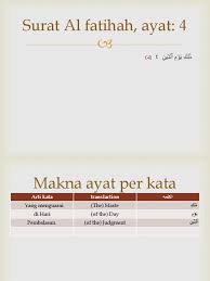 Surat ini dinamakan al faatihah yang artinya pembukaan karena sebagai pembuka atau surat pertama dan sekaligus. 001 Surah Al Fatihah Ayat 4