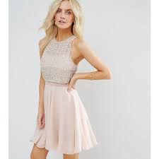 Asos Petite Crop Top Embellished Mini Skater Dress 71 Liked On Polyvore Featuring Dresses Beige Cocktail Dresses Petite Short Dresses Chiffon Dress Short
